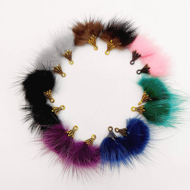 Brown Artificial Feather Fur Tassel With Brass Cap in Antique Gold Colour, Tassel Charms x 2